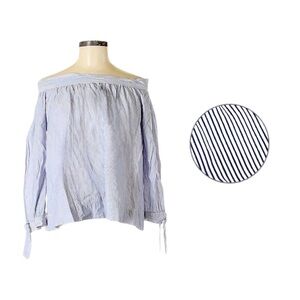 🌺 Max Studio Pinstripe Railroad Navy 100% Cotton Off the Shoulder Blouse Size S
